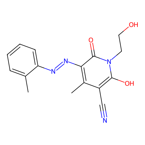 (5E)-1-(2-hydroxyethyl)-4-methyl-5-[(2-methylphenyl)hydrazinylidene]-2,6-dioxopyridine-3-carbonitrile structure