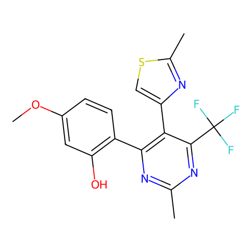 5-methoxy-2-(2-methyl-5-(2-methylthiazol-4-yl)-6-(trifluoromethyl)pyrimidin-4-yl)phenol structure