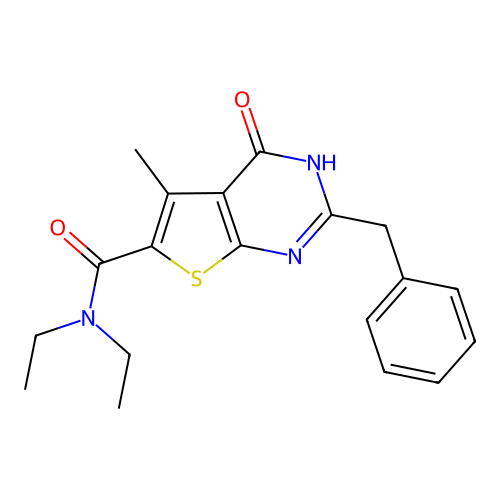 2-benzyl-N,N-diethyl-5-methyl-4-oxo-3H,4H-thieno[2,3-d]pyrimidine-6-carboxamide structure