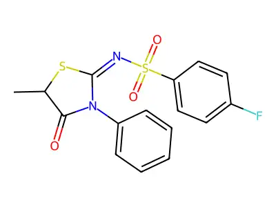 4-fluoro-N-(5-methyl-4-oxo-3-phenyl-1,3-thiazolidin-2-ylidene)benzenesulfonamide structure