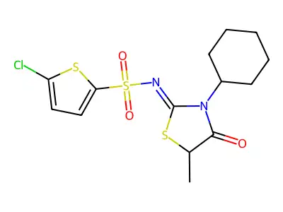 5-chloro-N-(3-cyclohexyl-5-methyl-4-oxo-1,3-thiazolidin-2-ylidene)thiophene-2-sulfonamide structure