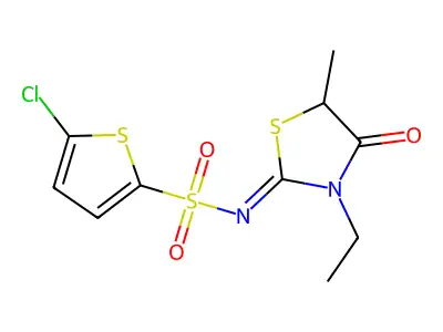 5-chloro-N-(3-ethyl-5-methyl-4-oxo-1,3-thiazolidin-2-ylidene)thiophene-2-sulfonamide structure