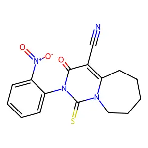 2-(2-nitrophenyl)-3-oxo-1-sulfanylidene-1H,2H,3H,5H,6H,7H,8H,9H-pyrimido[1,6-a]azepine-4-carbonitrile structure