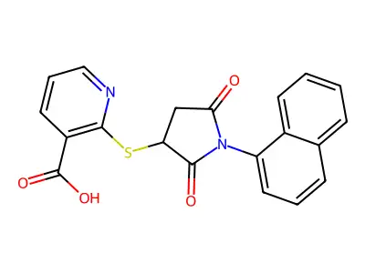 2-((1-(Naphthalen-1-yl)-2,5-dioxopyrrolidin-3-yl)thio)nicotinic acid structure