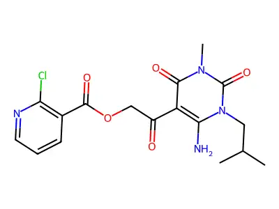 [2-[4-amino-1-methyl-3-(2-methylpropyl)-2,6-dioxopyrimidin-5-yl]-2-oxoethyl] 2-chloropyridine-3-carboxylate structure