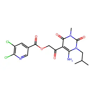 [2-[4-amino-1-methyl-3-(2-methylpropyl)-2,6-dioxopyrimidin-5-yl]-2-oxoethyl] 5,6-dichloropyridine-3-carboxylate structure