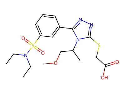 2-({5-[3-(diethylsulfamoyl)phenyl]-4-(1-methoxypropan-2-yl)-4H-1,2,4-triazol-3-yl}sulfanyl)acetic acid structure