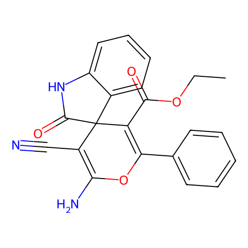 Ethyl 2'-amino-3'-cyano-2-oxo-6'-phenylspiro[indoline-3,4'-pyran]-5'-carboxylate structure