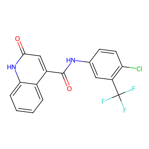 N-(4-chloro-3-(trifluoromethyl)phenyl)-2-oxo-1,2-dihydroquinoline-4-carboxamide structure