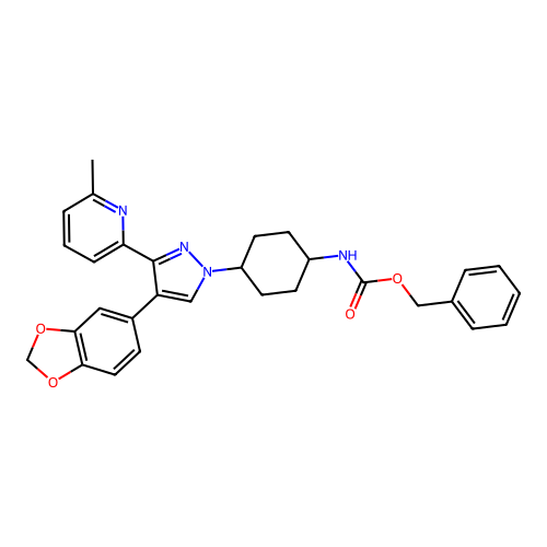 Benzyl (4-(4-(benzo[d][1,3]dioxol-5-yl)-3-(6-methylpyridin-2-yl)-1H-pyrazol-1-yl)cyclohexyl)carbamate structure