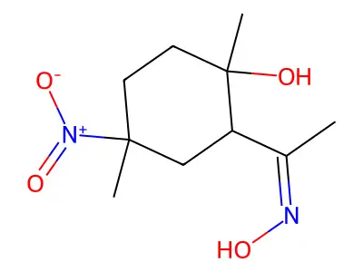 2-(N-hydroxy-C-methylcarbonimidoyl)-1,4-dimethyl-4-nitrocyclohexan-1-ol structure