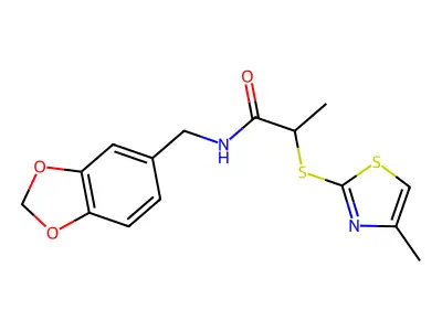 N-(1,3-benzodioxol-5-ylmethyl)-2-[(4-methyl-1,3-thiazol-2-yl)sulfanyl]propanamide structure