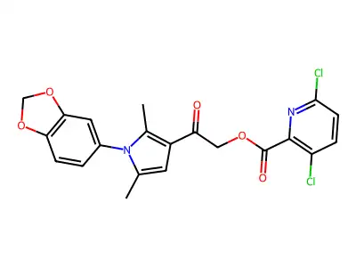 2-[1-(1,3-dioxaindan-5-yl)-2,5-dimethyl-1H-pyrrol-3-yl]-2-oxoethyl 3,6-dichloropyridine-2-carboxylate structure