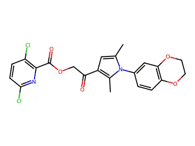 2-[1-(2,3-dihydro-1,4-benzodioxin-6-yl)-2,5-dimethyl-1H-pyrrol-3-yl]-2-oxoethyl 3,6-dichloropyridine-2-carboxylate structure