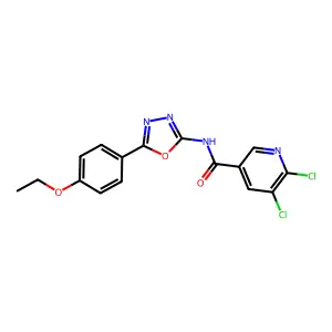 5,6-dichloro-N-[5-(4-ethoxyphenyl)-1,3,4-oxadiazol-2-yl]pyridine-3-carboxamide structure