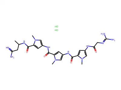1H-Pyrrole-2-carboxamide, 4-(((4-((((aminoiminomethyl)amino)acetyl)amino)-1-methyl-1H-pyrrol-2-yl)carbonyl)amino)-N-(5-(((2-(aminoiminomethyl)-1-methylethyl)amino)carbonyl)-1-methyl-1H-pyrrol-3-yl)-1-methyl-, dihydrochloride structure
