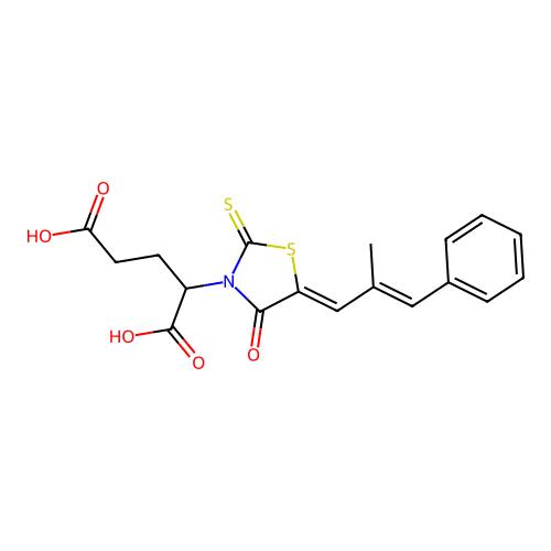 2-((Z)-5-((E)-2-methyl-3-phenylallylidene)-4-oxo-2-thioxothiazolidin-3-yl)pentanedioic acid structure