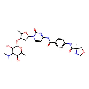 N-[4-[[1-[4-[4-(dimethylamino)-3,5-dihydroxy-6-methyloxan-2-yl]oxy-5-methyloxolan-2-yl]-2-oxopyrimidin-4-yl]carbamoyl]phenyl]-4-methyl-1,3-oxazolidine-4-carboxamide structure