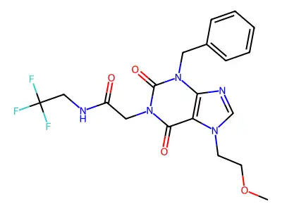 2-[3-benzyl-7-(2-methoxyethyl)-2,6-dioxopurin-1-yl]-N-(2,2,2-trifluoroethyl)acetamide structure