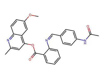 Benzoic acid, 2-(((4-(acetylamino)phenyl)methylene)amino)-, 6-methoxy-2-methyl-4-quinolinyl ester structure