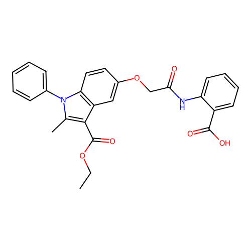2-(2-((3-(ethoxycarbonyl)-2-methyl-1-phenyl-1H-indol-5-yl)oxy)acetamido)benzoic acid structure