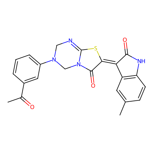 (Z)-3-(3-acetylphenyl)-7-(5-methyl-2-oxoindolin-3-ylidene)-3,4-dihydro-2H-thiazolo[3,2-a][1,3,5]triazin-6(7H)-one structure
