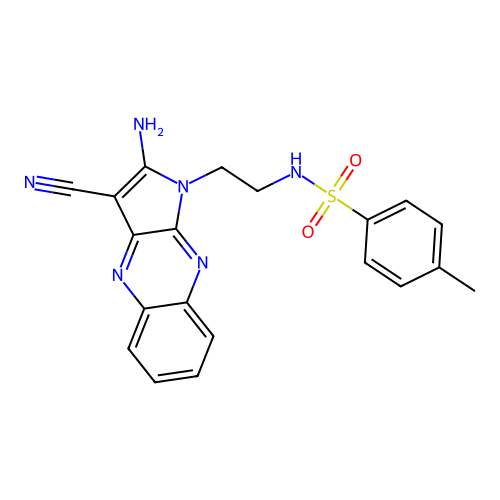 N-(2-(2-amino-3-cyano-1H-pyrrolo[2,3-b]quinoxalin-1-yl)ethyl)-4-methylbenzenesulfonamide structure