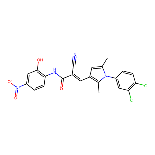 (E)-2-cyano-3-[1-(3,4-dichlorophenyl)-2,5-dimethylpyrrol-3-yl]-N-(2-hydroxy-4-nitrophenyl)prop-2-enamide structure