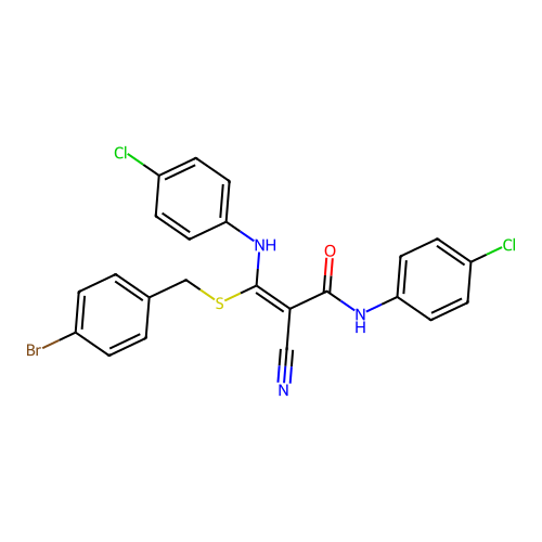 (E)-3-[(4-bromophenyl)methylsulfanyl]-3-(4-chloroanilino)-N-(4-chlorophenyl)-2-cyanoprop-2-enamide structure