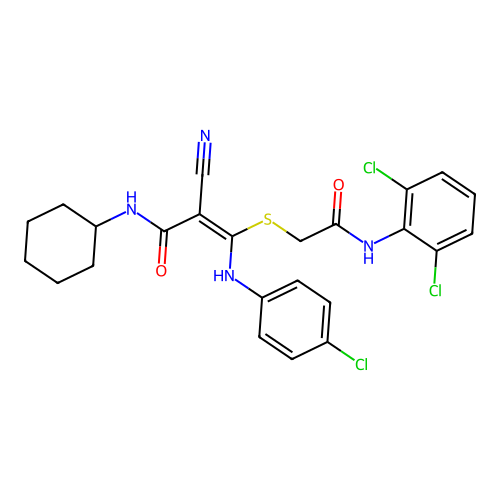 (E)-3-(4-chloroanilino)-2-cyano-N-cyclohexyl-3-[2-(2,6-dichloroanilino)-2-oxoethyl]sulfanylprop-2-enamide structure
