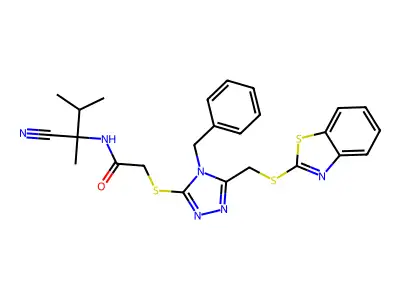 2-[[5-(1,3-benzothiazol-2-ylsulfanylmethyl)-4-benzyl-1,2,4-triazol-3-yl]sulfanyl]-N-(2-cyano-3-methylbutan-2-yl)acetamide structure