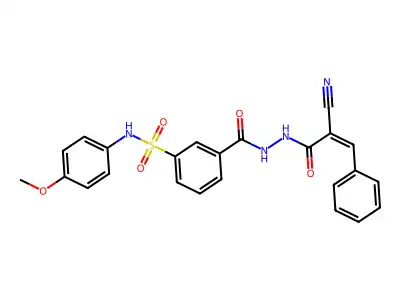 3-[(2-cyano-3-phenylprop-2-enehydrazido)carbonyl]-N-(4-methoxyphenyl)benzene-1-sulfonamide structure