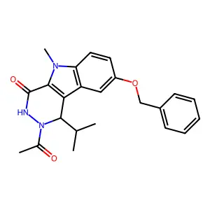 2-acetyl-5-methyl-8-phenylmethoxy-1-propan-2-yl-1,3-dihydropyridazino[4,5-b]indol-4-one structure