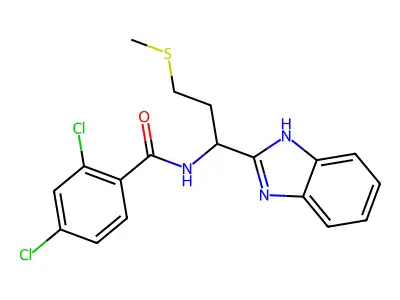 N-[1-(1H-benzimidazol-2-yl)-3-(methylsulfanyl)propyl]-2,4-dichlorobenzamide structure
