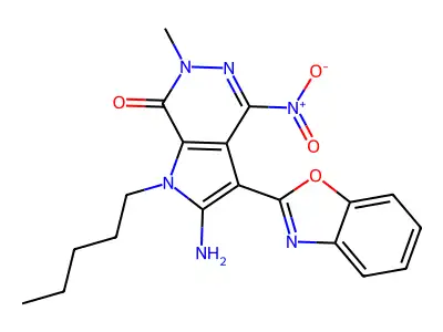 2-amino-3-(1,3-benzoxazol-2-yl)-6-methyl-4-nitro-1-pentylpyrrolo[2,3-d]pyridazin-7-one structure