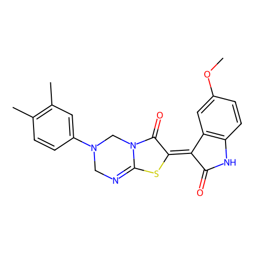 (Z)-3-(3,4-dimethylphenyl)-7-(5-methoxy-2-oxoindolin-3-ylidene)-3,4-dihydro-2H-thiazolo[3,2-a][1,3,5]triazin-6(7H)-one structure