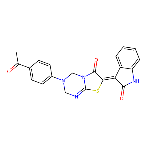 (Z)-3-(4-acetylphenyl)-7-(2-oxoindolin-3-ylidene)-3,4-dihydro-2H-thiazolo[3,2-a][1,3,5]triazin-6(7H)-one structure