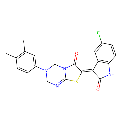 (7Z)-7-(5-chloro-2-oxo-1,2-dihydro-3H-indol-3-ylidene)-3-(3,4-dimethylphenyl)-3,4-dihydro-2H-[1,3]thiazolo[3,2-a][1,3,5]triazin-6(7H)-one structure