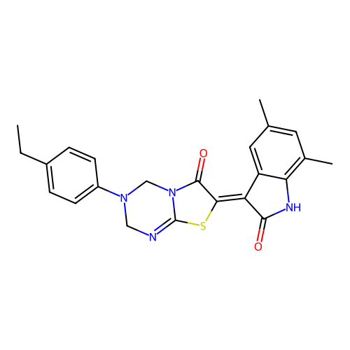 (Z)-7-(5,7-dimethyl-2-oxoindolin-3-ylidene)-3-(4-ethylphenyl)-3,4-dihydro-2H-thiazolo[3,2-a][1,3,5]triazin-6(7H)-one structure