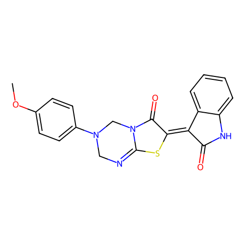 (7Z)-3-(4-methoxyphenyl)-7-(2-oxo-1,2-dihydro-3H-indol-3-ylidene)-3,4-dihydro-2H-[1,3]thiazolo[3,2-a][1,3,5]triazin-6(7H)-one structure