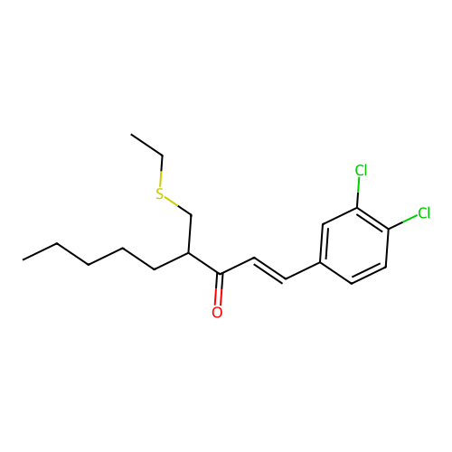 (E)-1-(3,4-dichlorophenyl)-4-(ethylsulfanylmethyl)non-1-en-3-one structure