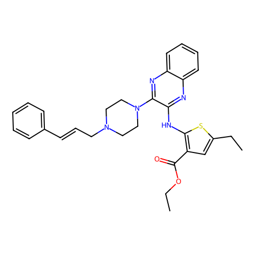 (E)-ethyl 2-((3-(4-cinnamylpiperazin-1-yl)quinoxalin-2-yl)amino)-5-ethylthiophene-3-carboxylate structure