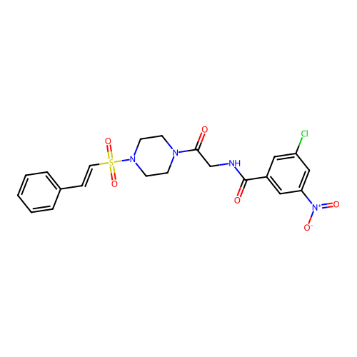 3-chloro-5-nitro-N-[2-oxo-2-[4-(2-phenylethenylsulfonyl)piperazin-1-yl]ethyl]benzamide structure