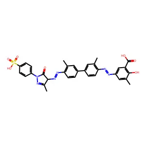 5-((3,3'-Dimethyl-4'-((3-methyl-5-oxo-1-(4-sulfophenyl)-4,5-dihydro-1H-pyrazol-4-yl)diazenyl)[biphenyl]-4-yl)diazenyl)-2-hydroxy-3-methylbenzoic acid structure