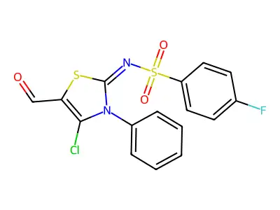 (NE)-N-(4-chloro-5-formyl-3-phenyl-1,3-thiazol-2-ylidene)-4-fluorobenzenesulfonamide structure