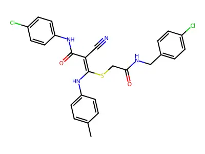 (E)-N-(4-chlorophenyl)-3-[2-[(4-chlorophenyl)methylamino]-2-oxoethyl]sulfanyl-2-cyano-3-(4-methylanilino)prop-2-enamide structure