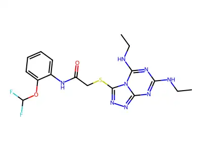 2-[[5,7-bis(ethylamino)-[1,2,4]triazolo[4,3-a][1,3,5]triazin-3-yl]sulfanyl]-N-[2-(difluoromethoxy)phenyl]acetamide structure