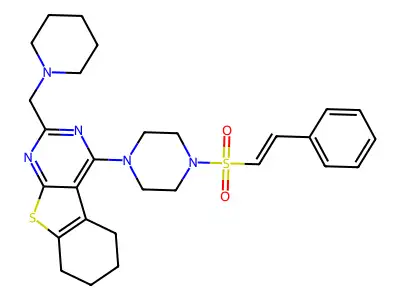 4-[4-[(E)-2-phenylethenyl]sulfonylpiperazin-1-yl]-2-(piperidin-1-ylmethyl)-5,6,7,8-tetrahydro-[1]benzothiolo[2,3-d]pyrimidine structure