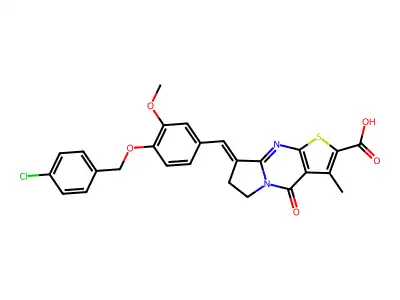 (10E)-10-({4-[(4-chlorophenyl)methoxy]-3-methoxyphenyl}methylidene)-4-methyl-2-oxo-6-thia-1,8-diazatricyclo[7.3.0.0,3,7]dodeca-3(7),4,8-triene-5-carboxylicacid structure