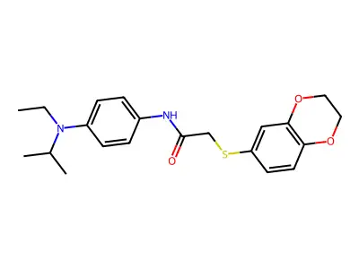 2-(2,3-dihydro-1,4-benzodioxin-6-ylsulfanyl)-N-[4-[ethyl(propan-2-yl)amino]phenyl]acetamide structure